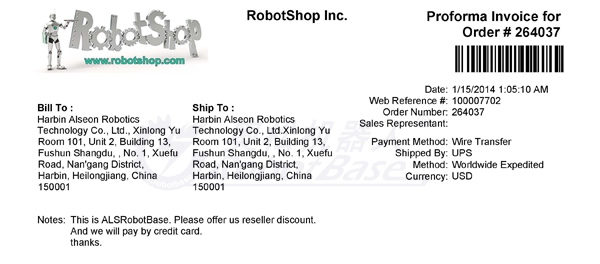 官方進(jìn)口robotshop采購(gòu)發(fā)票